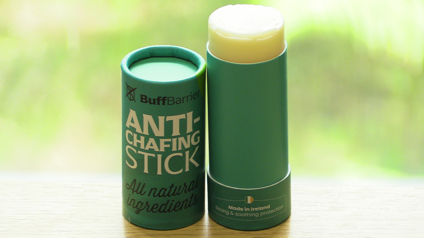 BuffBarrier all-natural anti-chafing stick in a green eco-friendly tube – made with beeswax, shea butter, and coconut oil.”