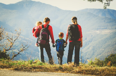 Family hiking in the mountains – BuffBarrier provides anti-chafing protection for outdoor adventures.